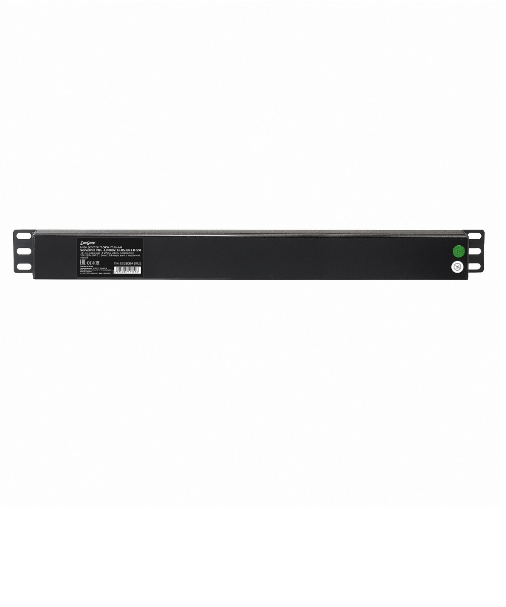 Блок розеток горизонтальный ExeGate ServerPro PDU-19H802 Al-8S-EU1.8CU-SW (19", 1U, Алюминий, 8 Schuko, кабель с евровилкой VDE-250V-16A-3*1.5mm2, медь, 1.8 метра, выкл. с подсветкой, черный, RTL)