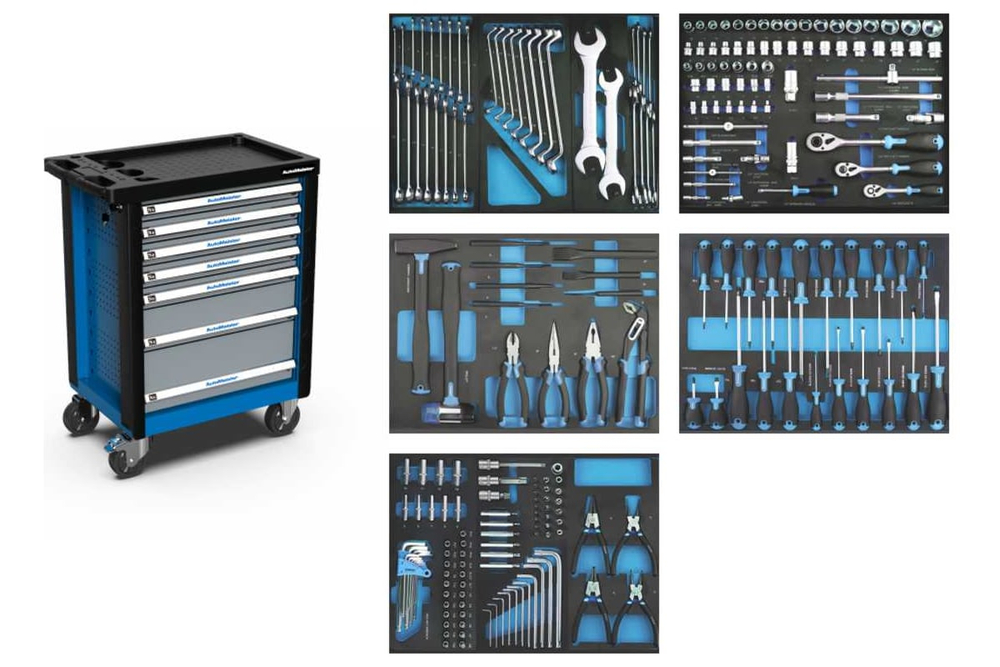 Тележка инструментальная 7 ящиков AutoMeister (RAL5015/RAL7040) с набором инструмента 229 предметов