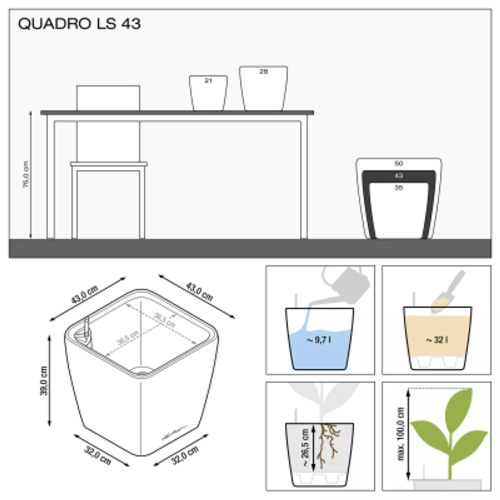Кашпо Lechuza quadro ls 43см антрацит с автополивом