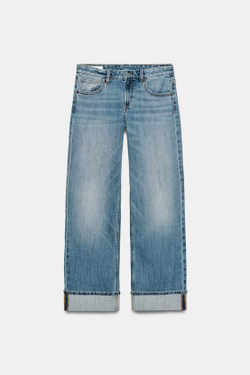 ZARA ДЖИНСЫ TRF LOOSE С НИЗКОЙ ПОСАДКОЙ И ОТВОРОТАМИ, СИНИЙ