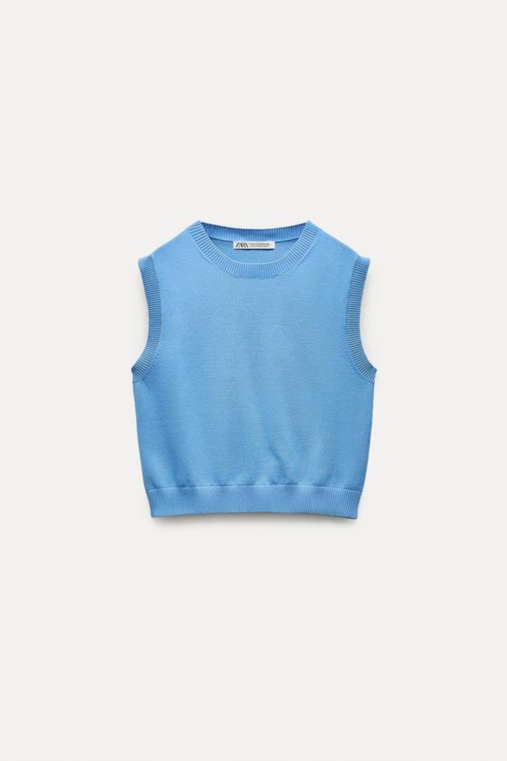 ZARA ОДНОТОННЫЙ ТРИКОТАЖНЫЙ ТОП БЕЗ РУКАВОВ, ЛИНЯЛЫЙ СИНИЙ