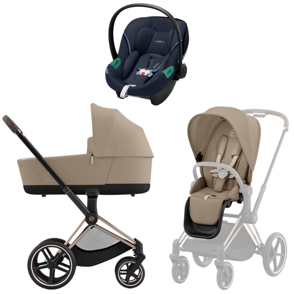 Коляска 3 в 1 Cybex Priam IV Rosegold complete и автокресло Aton S2 i-Size Ocean Blue Cozy Beige