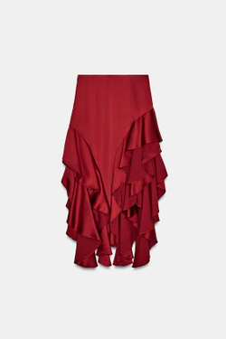 ZARA ЮБКА МИДИ С ВОЛАНАМИ — ZW COLLECTION, КРАСНЫЙ