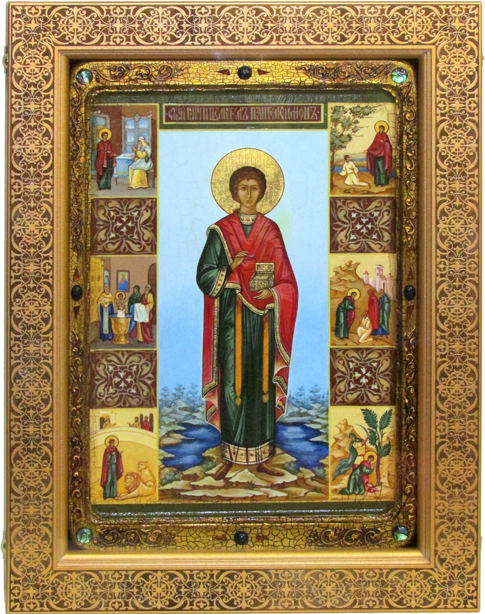 Большая Живописная икона Святой Великомученик и Целитель Пантелеймон 42х29см на кипарисе в березовом киоте