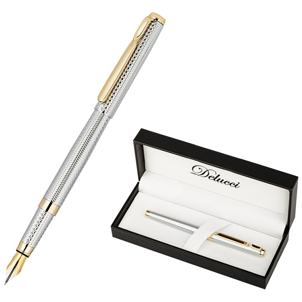 Ручка перьевая Delucci "Celeste" черная, 0,8мм, цвет корпуса - серебро, подарочный футляр