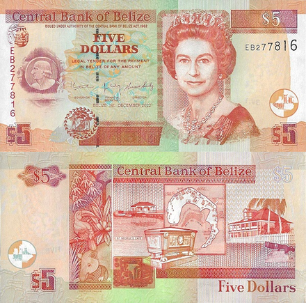 Белиз 5 доллар 2003-2022 Виды и карта Сент-Джорджес-Кей UNC