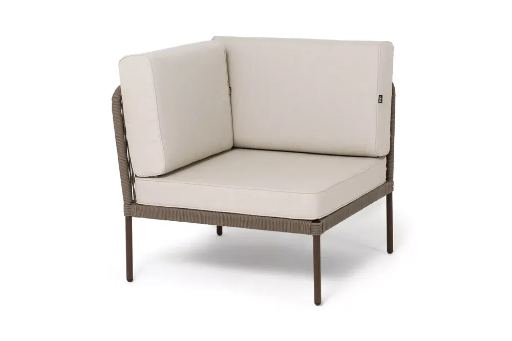 "Канны" угловой модуль плетеный из роупа, каркас алюминий коричневый (RAL8016) муар, роуп коричневый круглый, ткань бежевая 035