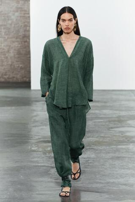 ZARA БРЮКИ В ПИЖАМНОМ СТИЛЕ ИЗ 100% ТКАНИ РАМИ — ZW COLLECTION, ЗЕЛЕНЫЙ