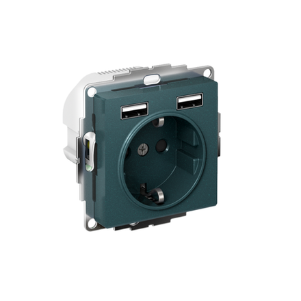 Розетка 1-м СП AtlasDesign 16А IP20 с 2-мя заряд. устройствами USB тип A+A 5В/2.4А 2х5В/1.2А механизм изумруд SE ATN000830