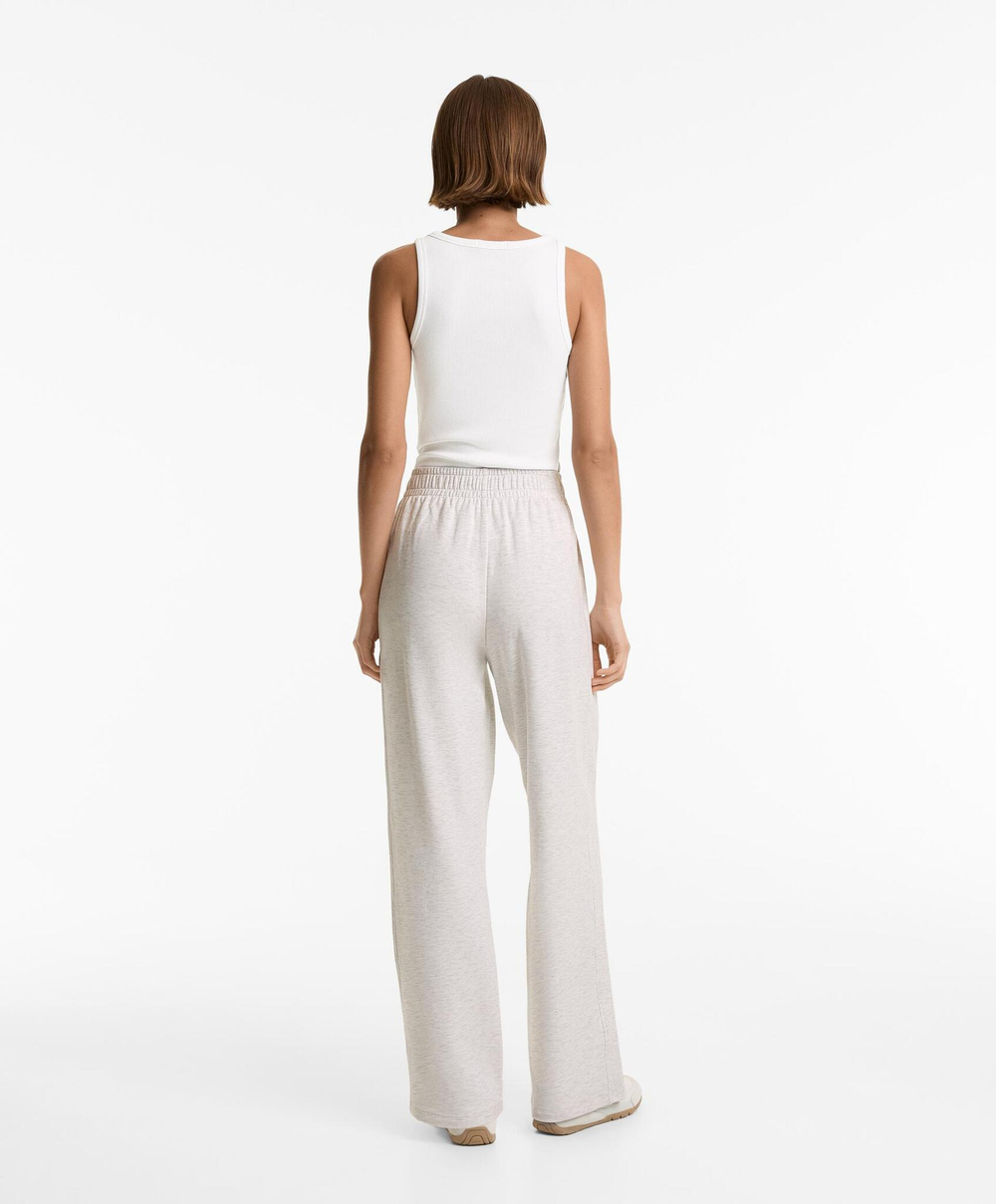 Oysho Брюки широкие с отделкой в ​​рубчик из хлопка и модала, бледно-серый меланж