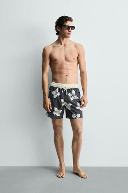 ZARA ДЛИННЫЕ ПЛАВКИ С ПРИНТОМ ГИБИСУС, МОРСКОЙ СИНИЙ