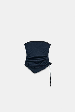 ZARA ДРАПИРОВАННЫЙ ТОП ИЗ ЛЬНА, СИНИЙ