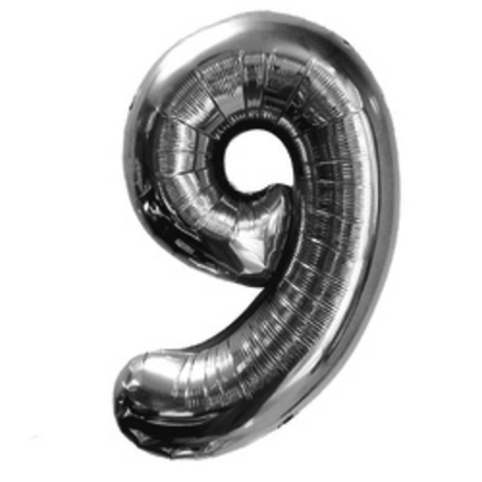 Шар (40"/102 см) Цифра, 9, Серебро, в упаковке 1 шт.