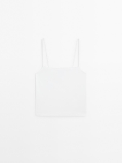 Massimo Dutti Трикотажный топ на бретелях с кружевом, натуральный, кремовый