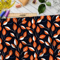 Ткань премиум атлас оранжевые листочки на черном