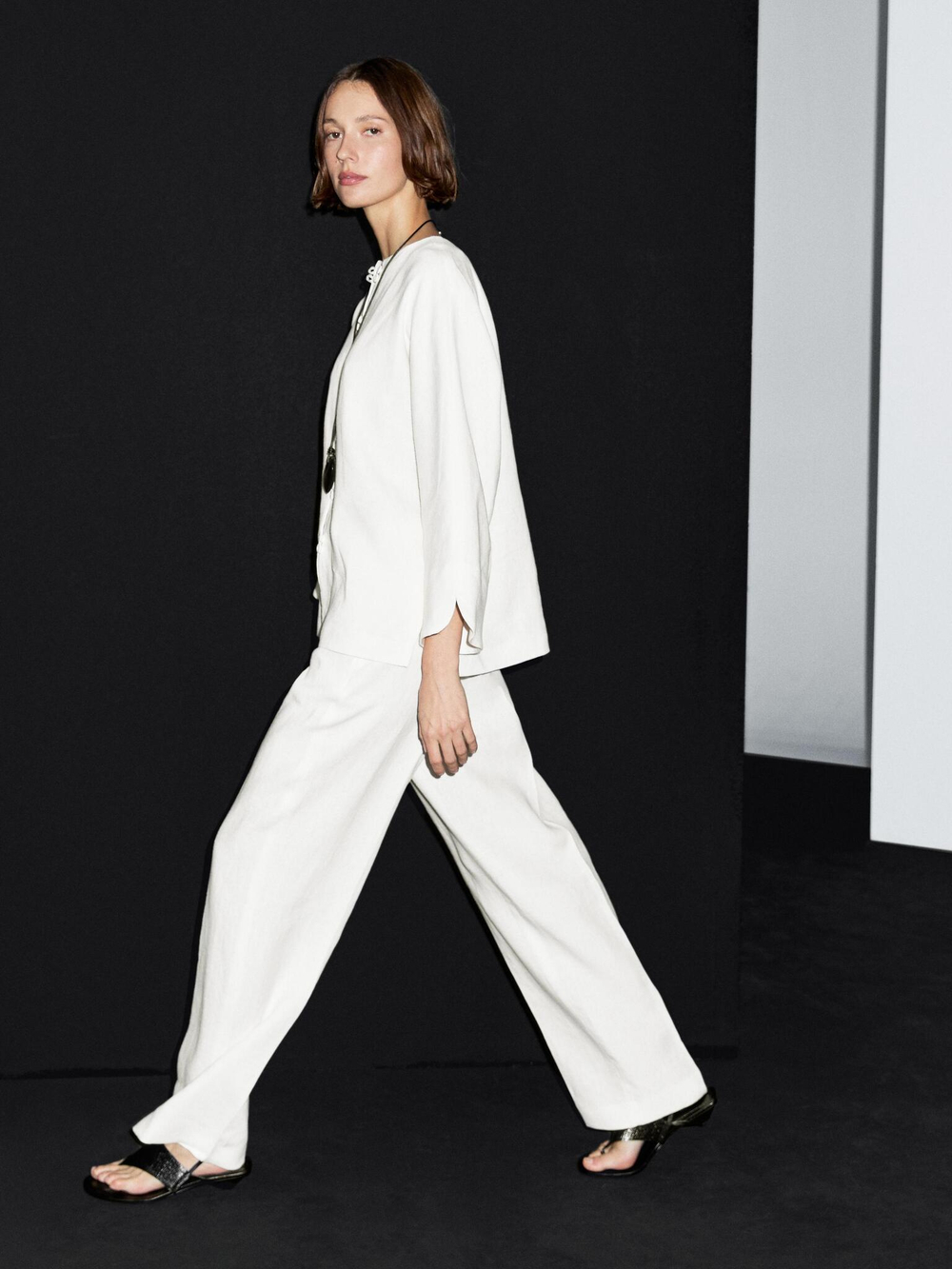 Massimo Dutti Костюмные брюки прямого кроя из 100% льна, кремовый