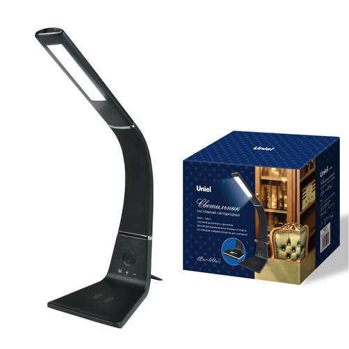 TLD-565 Black/LED/360Lm/3000-6000K/Dimmer/WR Светильник настольный, 12W. Сенсорный выключатель. Диммер. Беспроводное зарядное устройство. Черный. ТМ U