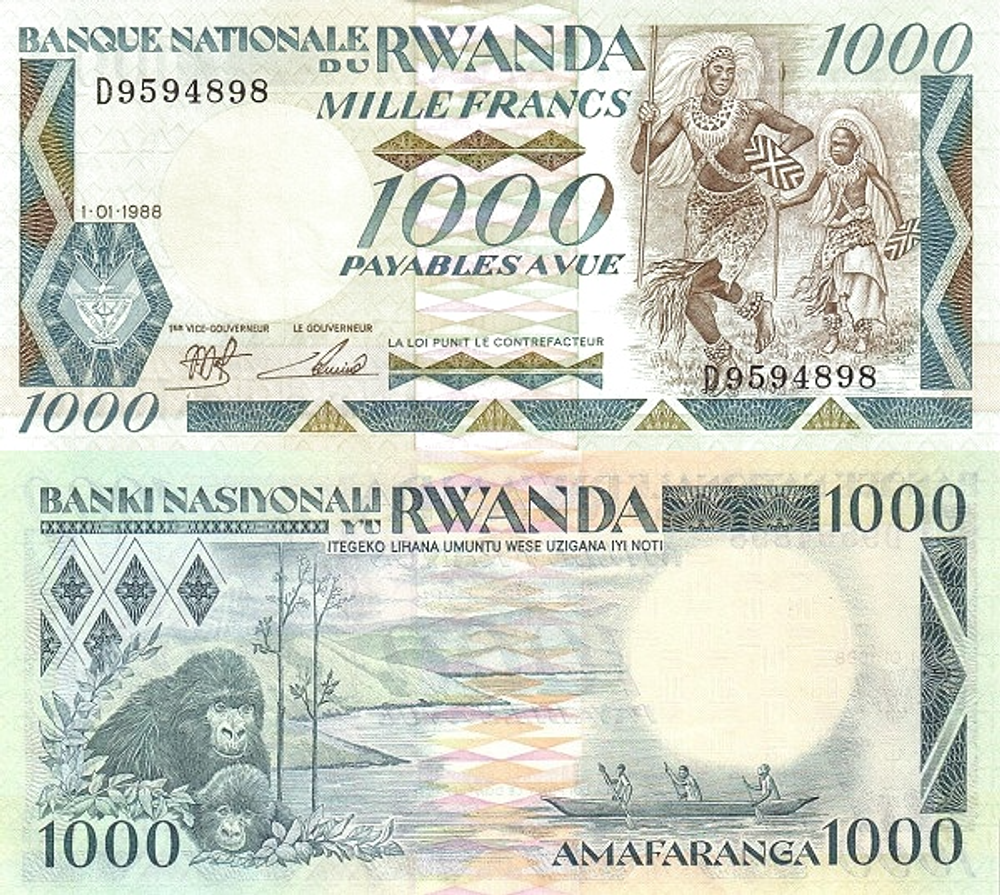 Руанда 1000 франков 1988-1989 Гориллы UNC
