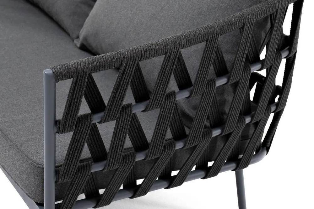 "Диего" диван 2-местный плетеный из роупа, каркас алюминий темно-серый (RAL7024) муар, роуп темно-серый круглый, ткань темно-серая 027