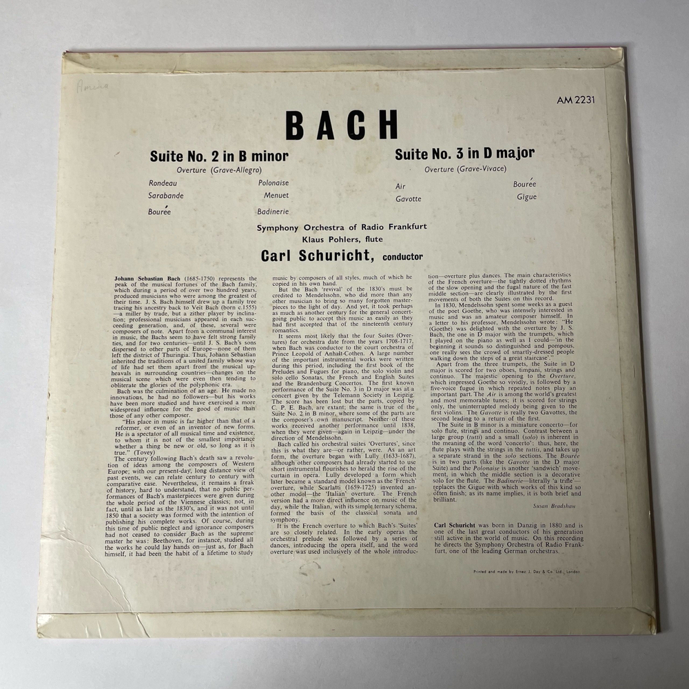 Винтажная виниловая пластинка LP J. S. Bach Бах, Symphonie-Orchester Radio Frankfurt, Suites For Orchestra, No. 2 In B-Minor With Solo Flute. No. 3 In D Major (Германия 1962)