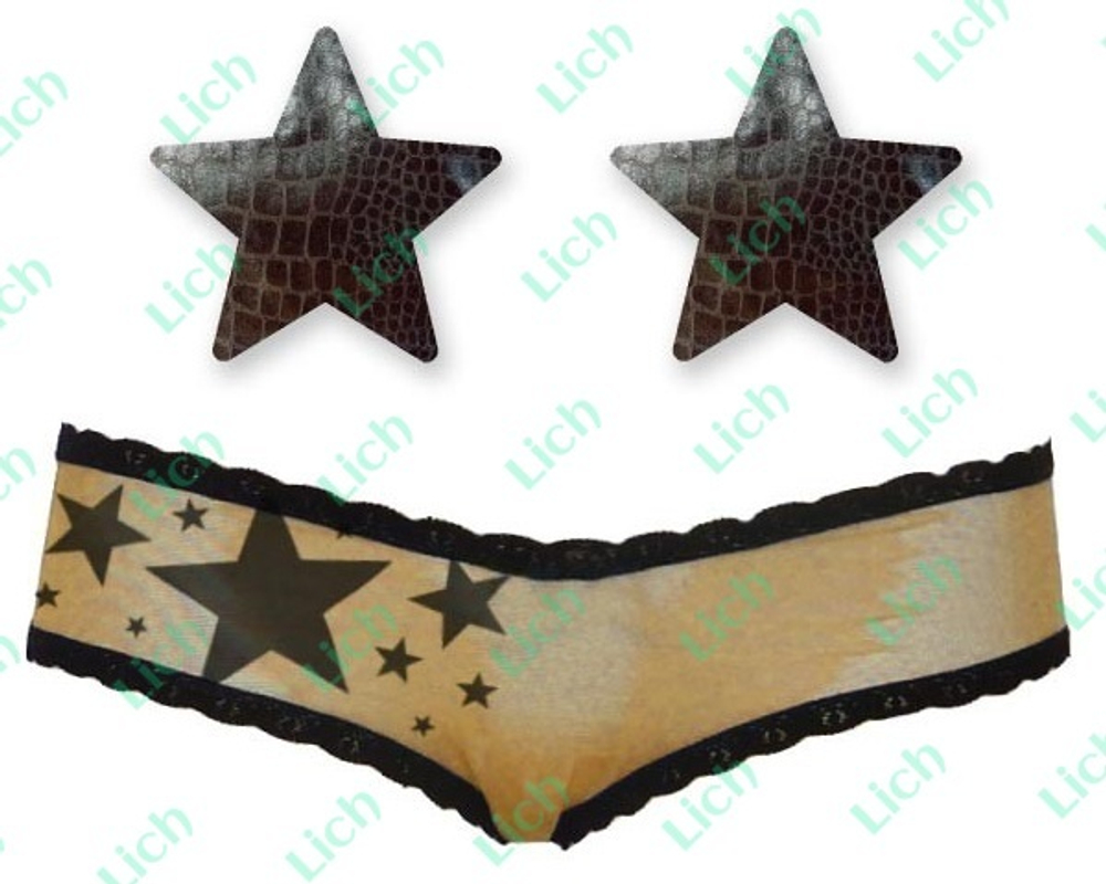 Комплект из 1 пары черных пэстис-звёздочек и бежевых трусиков со звездами