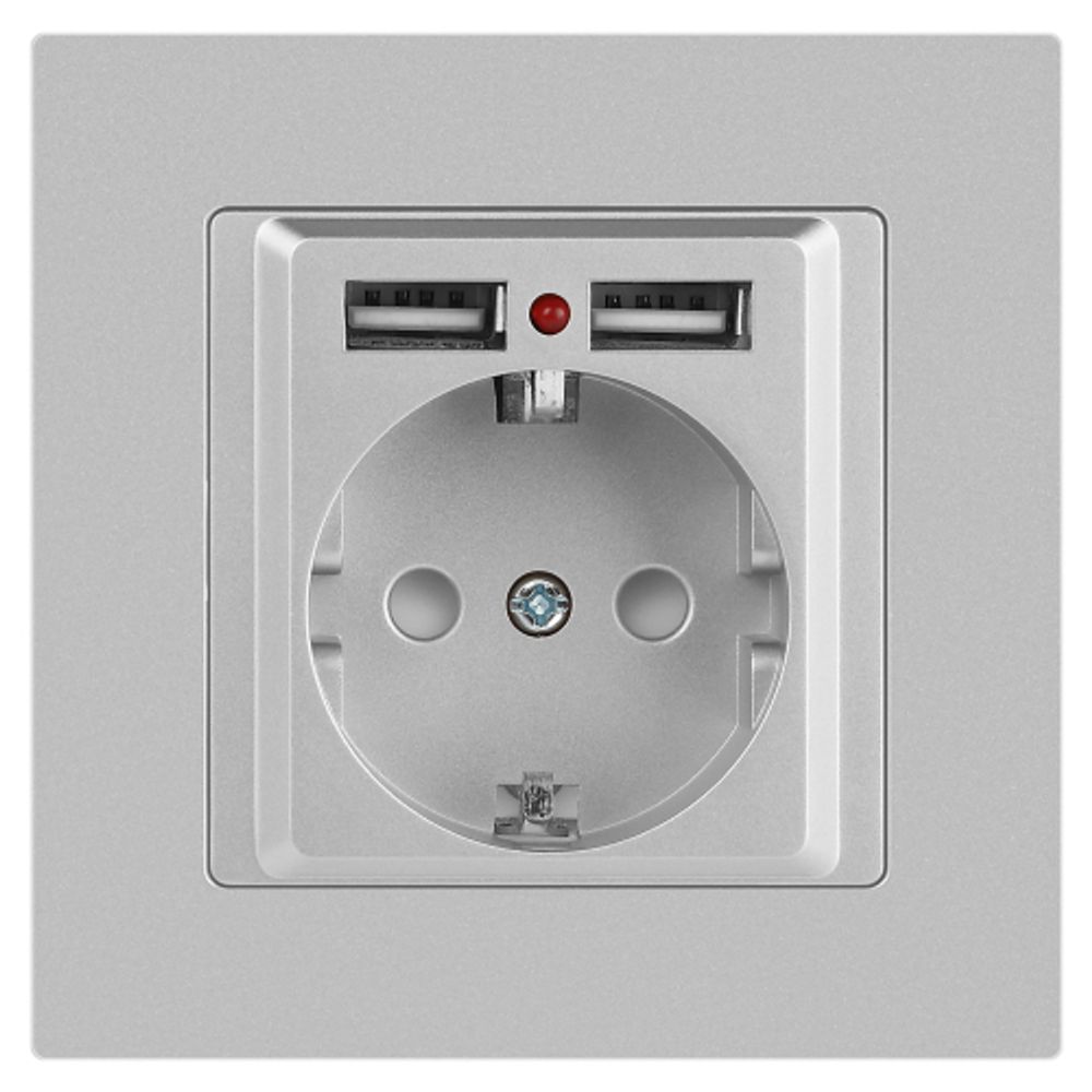 Розетка Intro Accent 6-410-03 с заземлением 2P+E Schuko со шторками 16А-250В + 2хUSB IP20 СУ алюминий | Intro