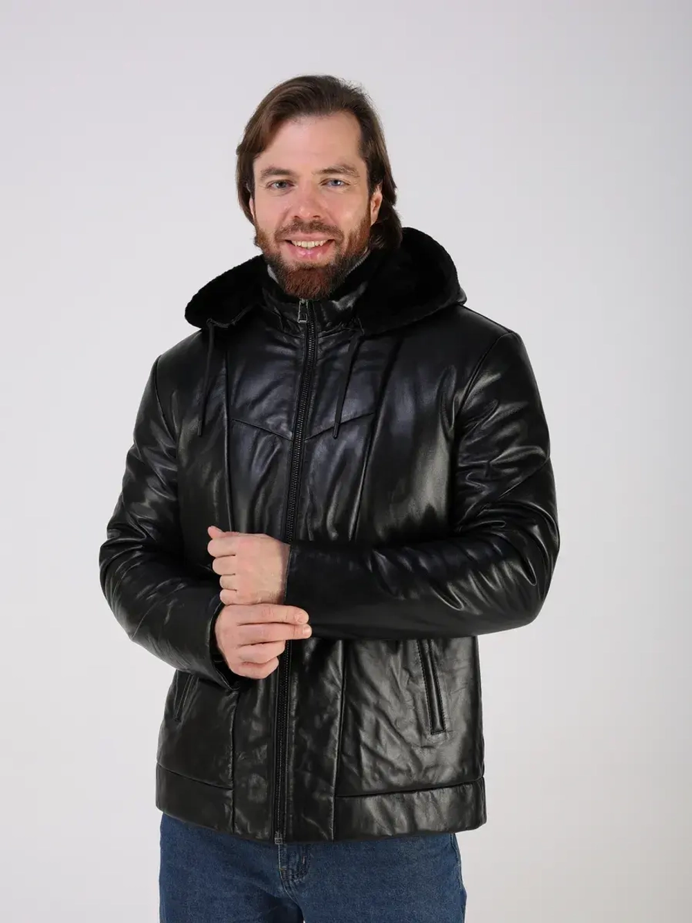 Куртка зимняя кожаная с капюшоном пуховик