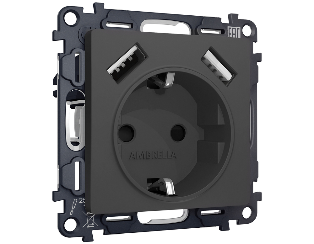 MA909010 Комплект механизма электрической розетки ALFA Графит мягкое касание 2USB A+A 18W (быстрая зарядка) с/з QUANT (AP9090, VM155)