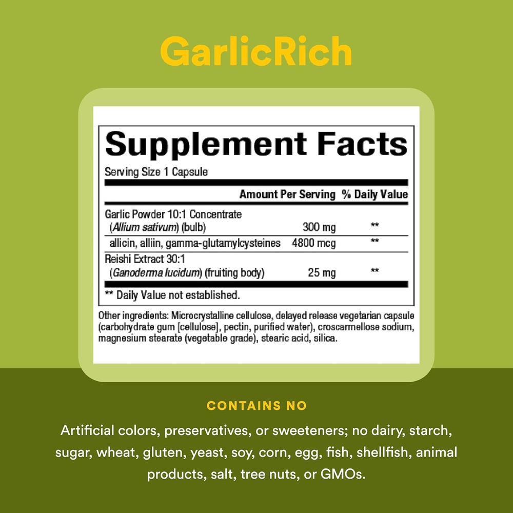 Natural Factors, GarlicRich®, суперсильный чеснок и рейши, 120 вегетарианских капсул с отсроченным высвобождением