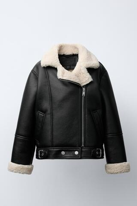 ZARA КУРТКА-ДУБЛЕНКА В БАЙКЕРСКОМ СТИЛЕ, ЧЕРНЫЙ/ЭКРЮ