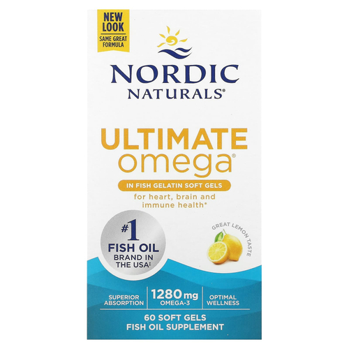 Nordic Naturals, Ultimate Omega, высокоэффективные омега-3 кислоты, со вкусом лимона, 60 капсул из рыбьего желатина (640 мг в 1 капсуле)