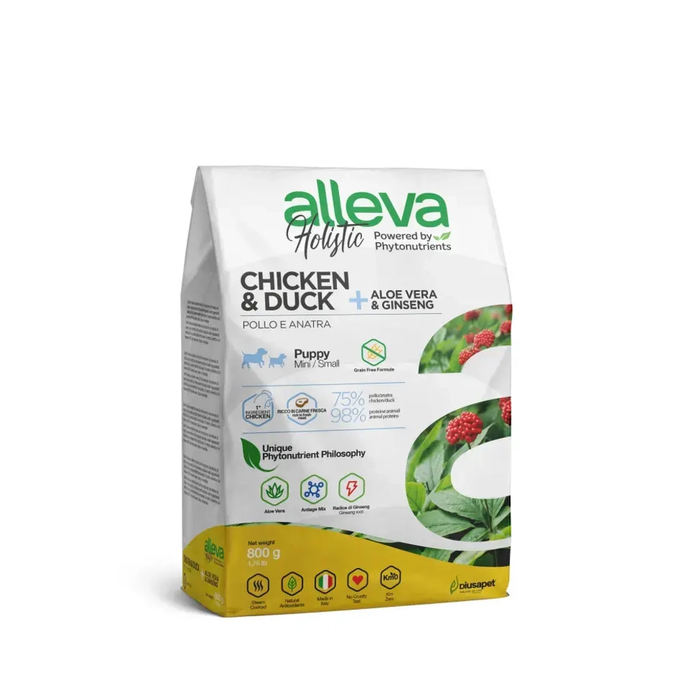 Alleva holistic puppy/junior chicken & duck mini сухой корм для щенков и юниоров с курицей и уткой, алое вера и женьшенем - 800 г