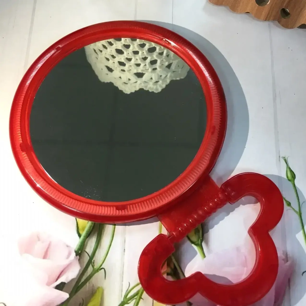 Зеркало настольное в пластиковой оправе «Выгода» круг, подвесное d-10,5см, длина 15см, (Стикер на минивложение 30шт)