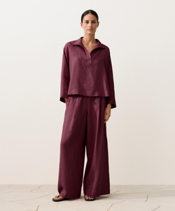 Oysho Рубашка-поло оверсайз с длинными рукавами из 100%-го льна, бордо