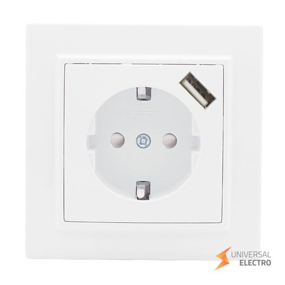 Розетка 1-местная СП с/з Минск 16А белая с защ, штор, с USB 1А EKF