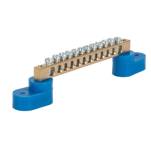 Шина нулевая 12 отверстий с 2-я угловыми изоляторами, крепеж по центру 6х9 мм