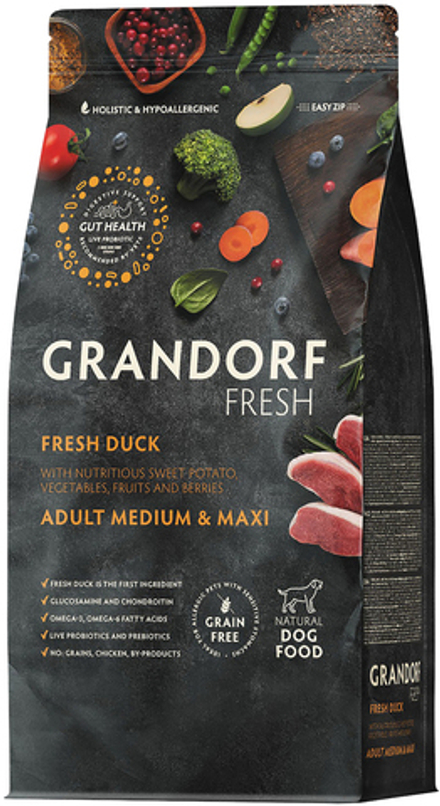 Grandorf Fresh 1кг Holistic Medium&Maxi Duck&Sweet Potato Сухой корм для собак средних и крупных пород, свежее мясо утки с бататом