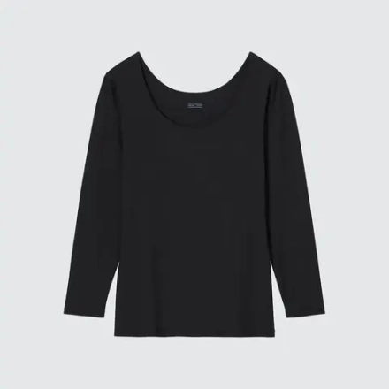 UNIQLO ТОП HEATTECH С КРУГЛЫМ ВЫРЕЗОМ И ДЛИННЫМИ РУКАВАМИ, ЧЕРНЫЙ