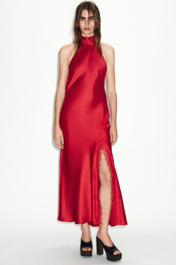 ZARA ПЛАТЬЕ В БЕЛЬЕВОМ СТИЛЕ С КРУЖЕВОМ, КРАСНЫЙ