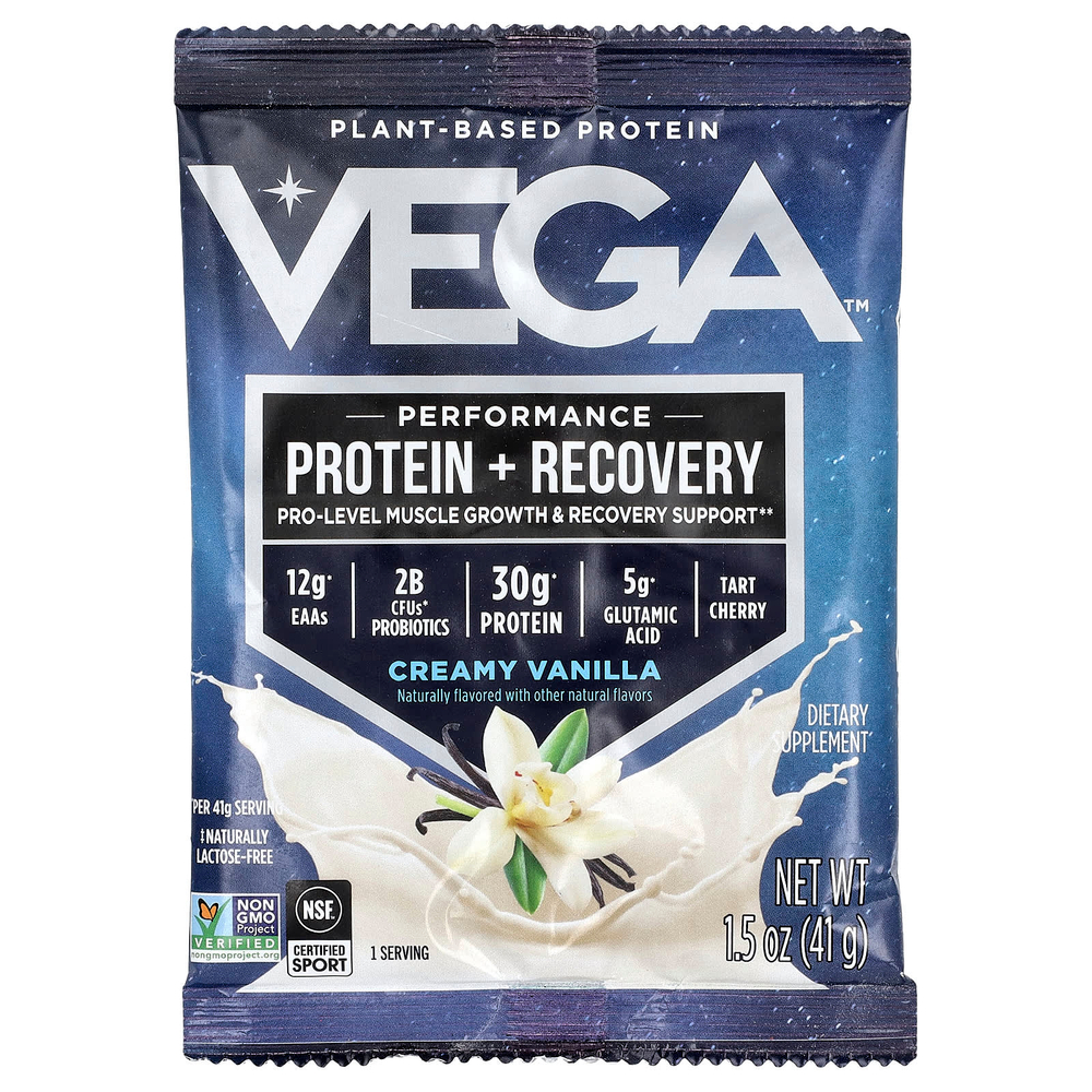 Vega, Растительный протеин, протеин для повышения эффективности и восстановления, кремовая ваниль, 12 пакетиков по 41 г (1,5 унции)
