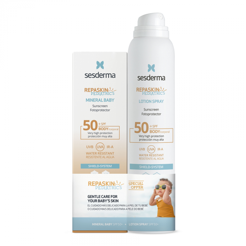 НАБОР REPASKIN PEDIATRICS SPF 50 для детей солнцезащитный: крем для лица + спрей для тела
