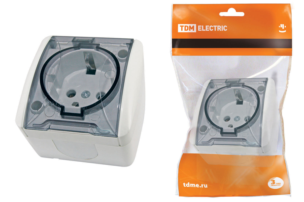 Розетка 2P+3 белая Селигер открытой установки с прозрачной крышкой 16А IP54 TDM