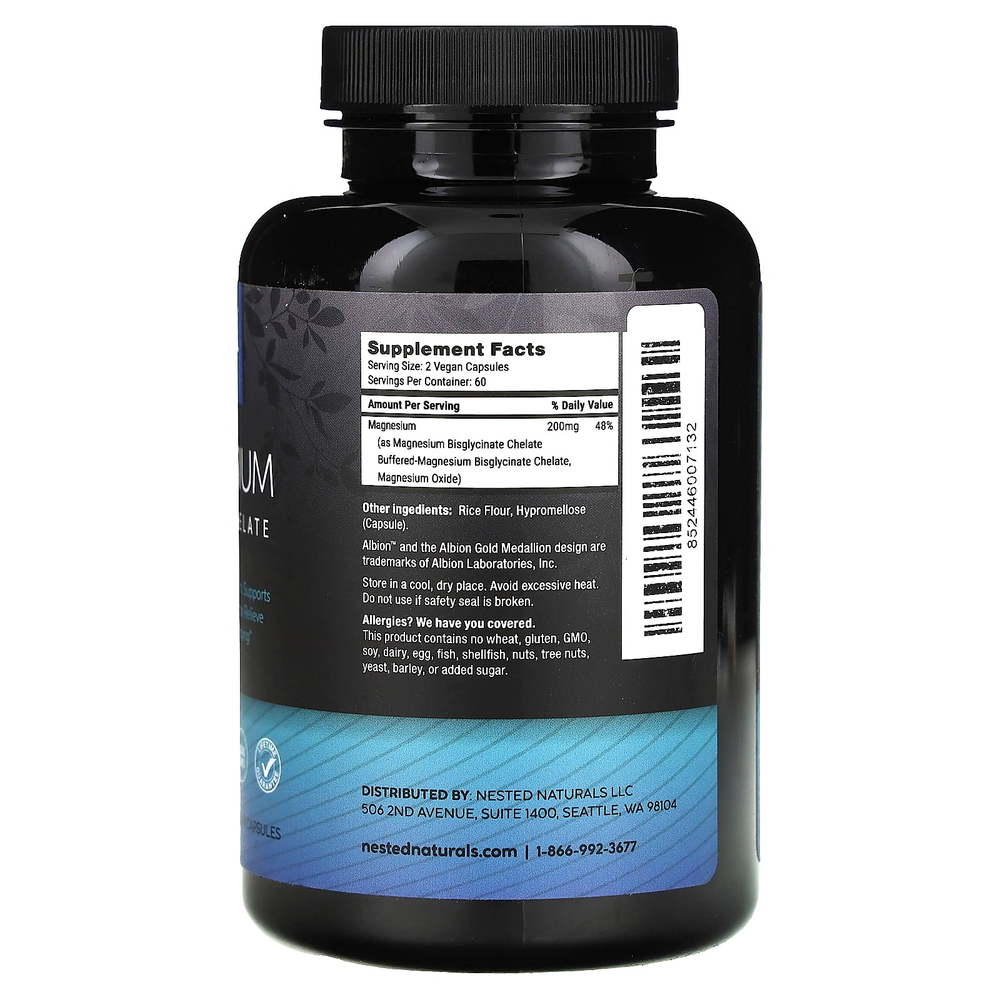 Nested Naturals, магний, хелатный глицинат, 120 веганских капсул (100 мг в 1 капсуле)