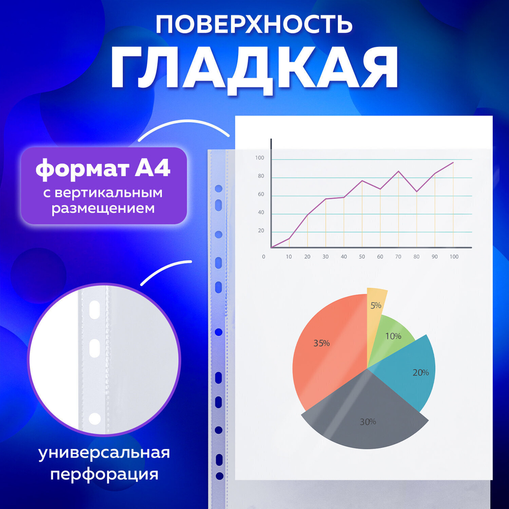 Файлы перфорированные А4 BRAUBERG комплект 100 шт. гладкие "Яблоко" 35 мкм (4 штуки в упаковке)