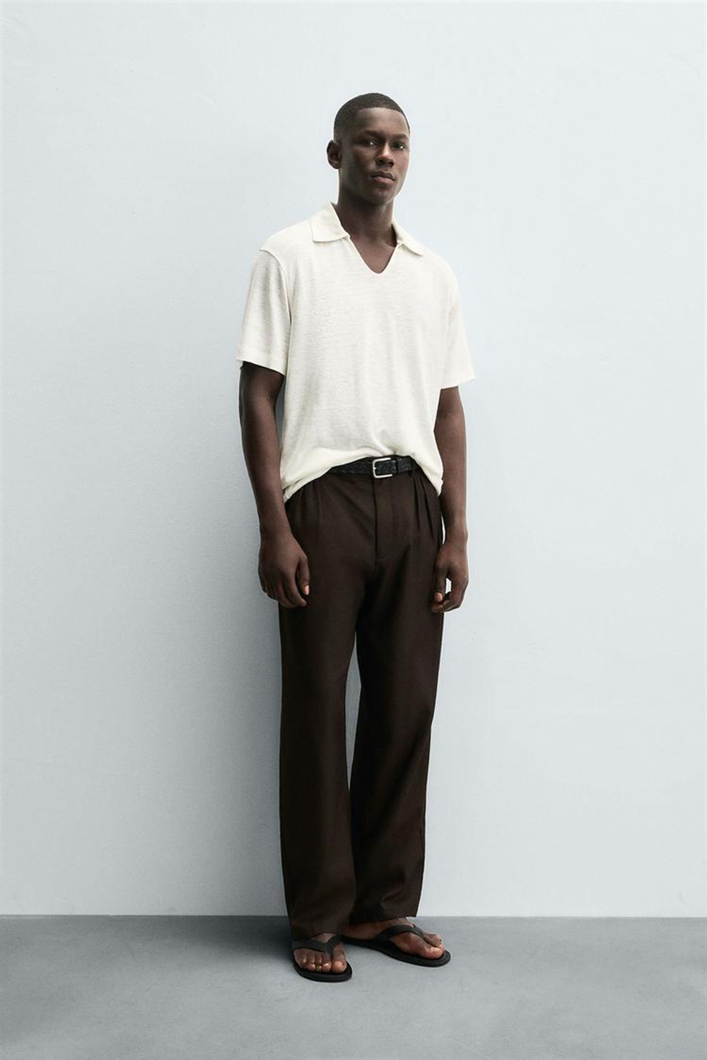 ZARA ТРИКОТАЖНОЕ ПОЛО ИЗ КОНОПЛИ И ВИСКОЗЫ, ЭКРЮ