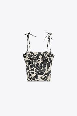 ZARA ТОП ИЗ СМЕСОВОГО ЛЬНА С ПРИНТОМ, ЧЕРНЫЙ/ЭКРЮ
