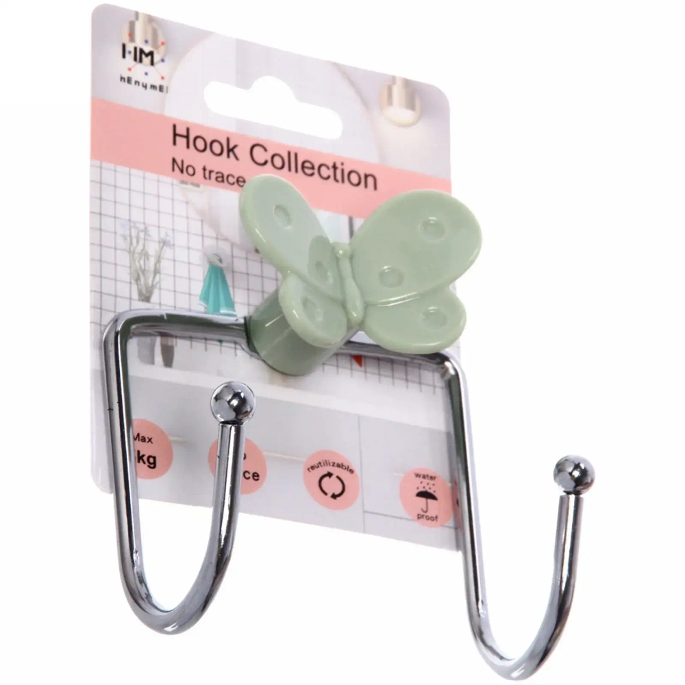 Крючок с липким слоем двойной (1шт., нагрузка 5кг) Бабочка зеленый MH8042
