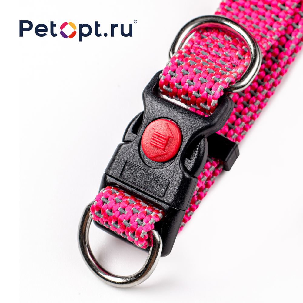 10010045-49-53-57 PetOpt Ошейник для собак светоотражающий розовый нейлоновый "Два кольца" с фастексом, светоотражающие нити по всей ширине