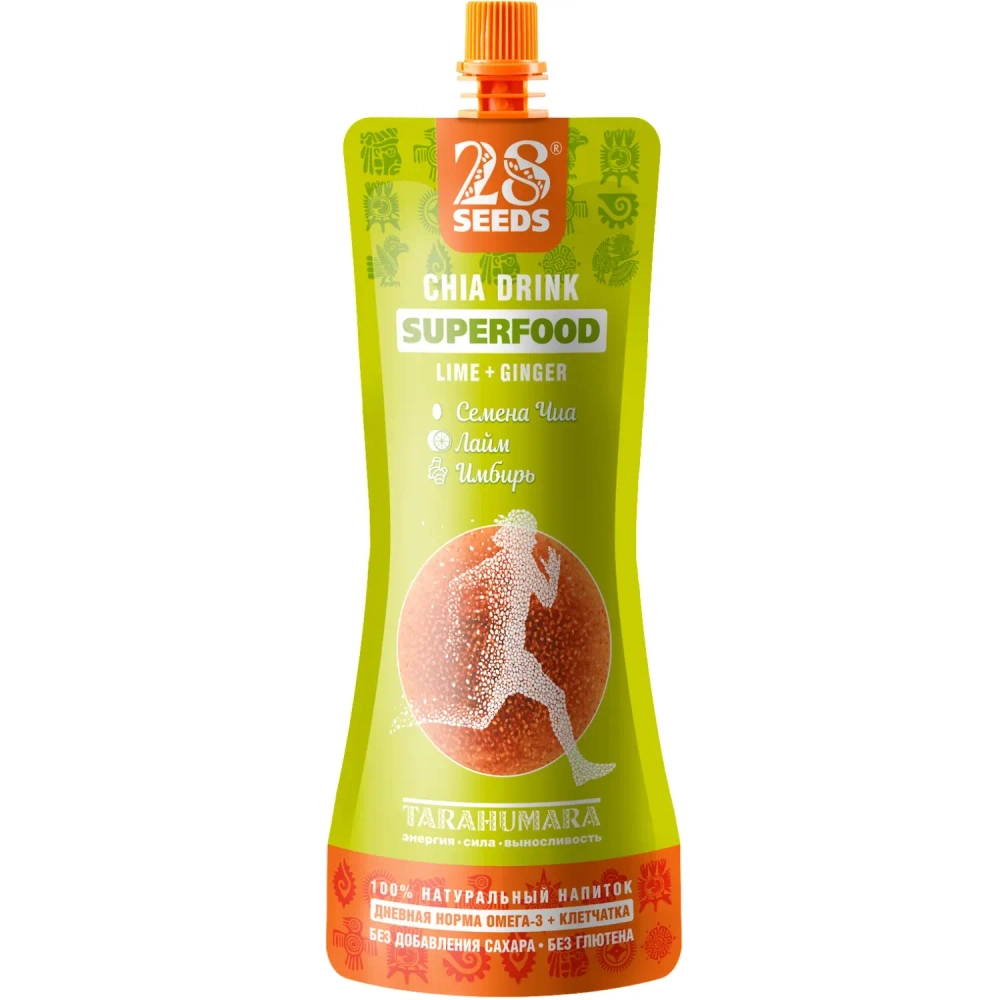 Напиток ЧИА SUPERFOOD «Лайм + Имбирь» 250 мл 28SEEDS — вид спереди упаковки