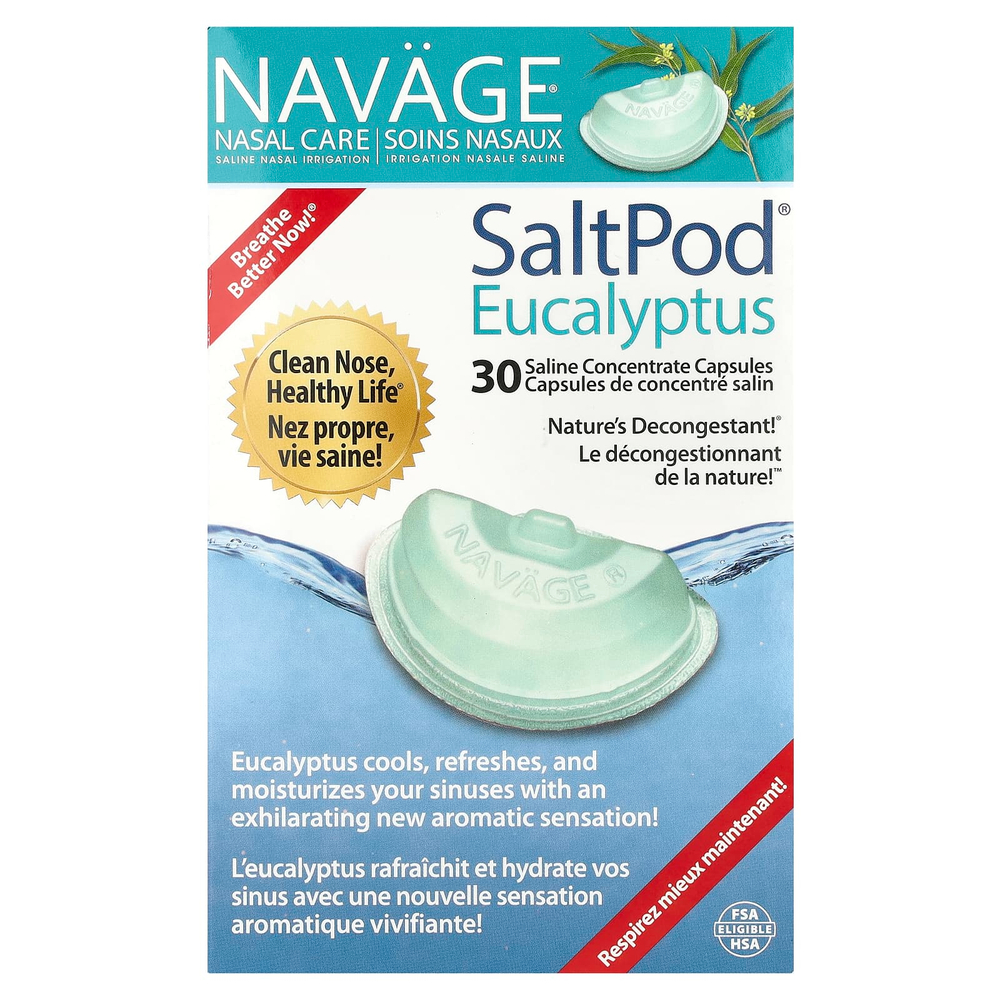 Navage, Nasal Care, солевой раствор для промывания носа, SaltPod®, эвкалипт, 30 капсул с солевым концентратом